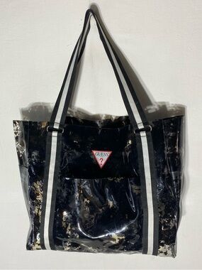 GUESS Clear Transparent Black PVC Tote Bag  Beach Bag Shopping Festival Stadium